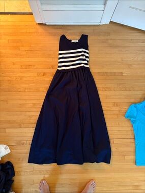 Taylor Navy and White Striped Maxi Dress